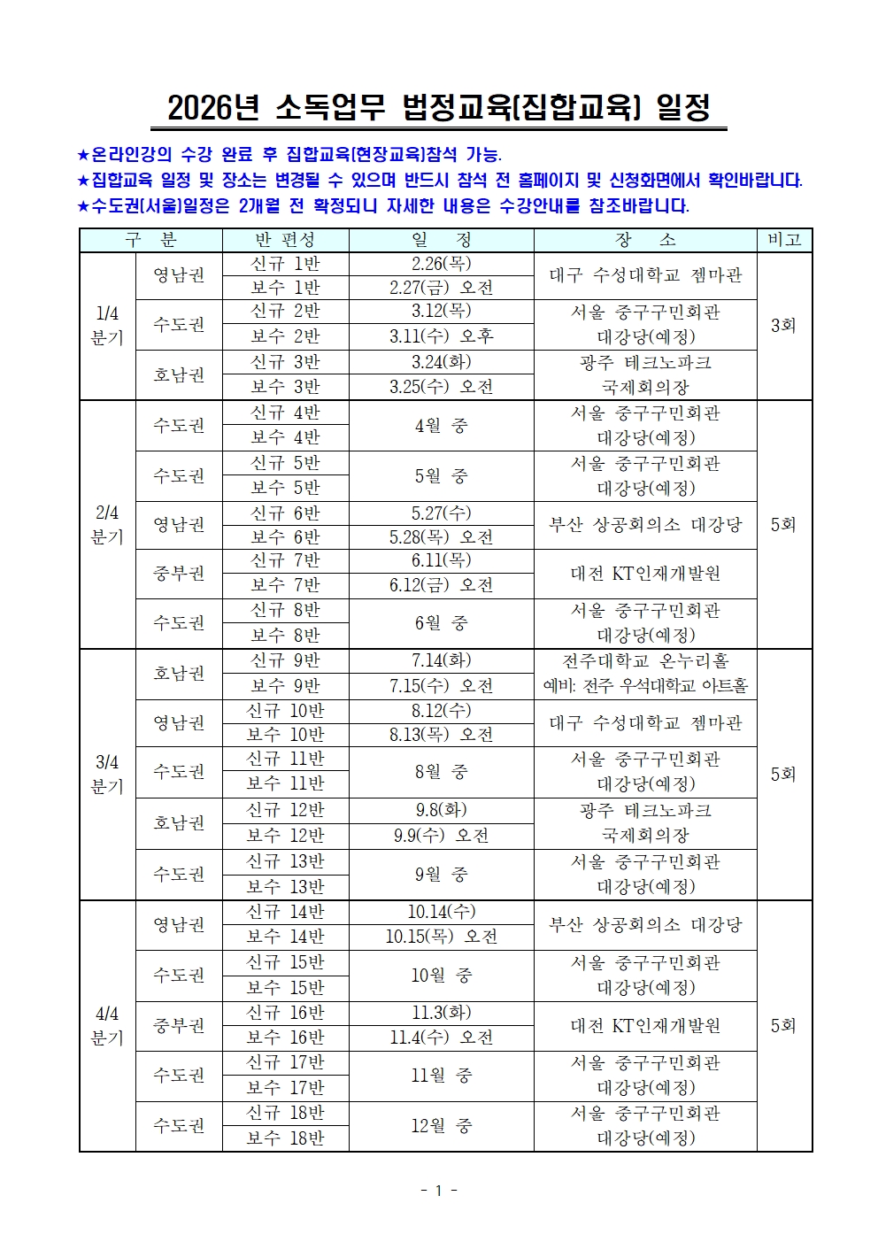 게시판 본문의 첨부파일 이미지입니다. : 2026년 소독업무 법정교육 일정표.jpg